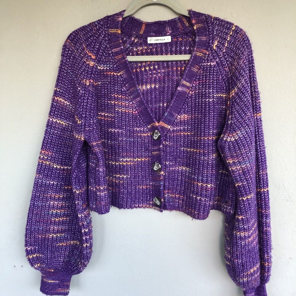 Ivory Ella Cardigan Women L Purple Oversized Balloon Sleeve Cropped Sweater Boho